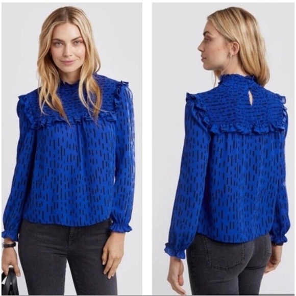 Rebecca Minkoff Sharon Smocked Printed Top Women’s XS Cobalt Blue Sprinkles - Picture 1 of 14